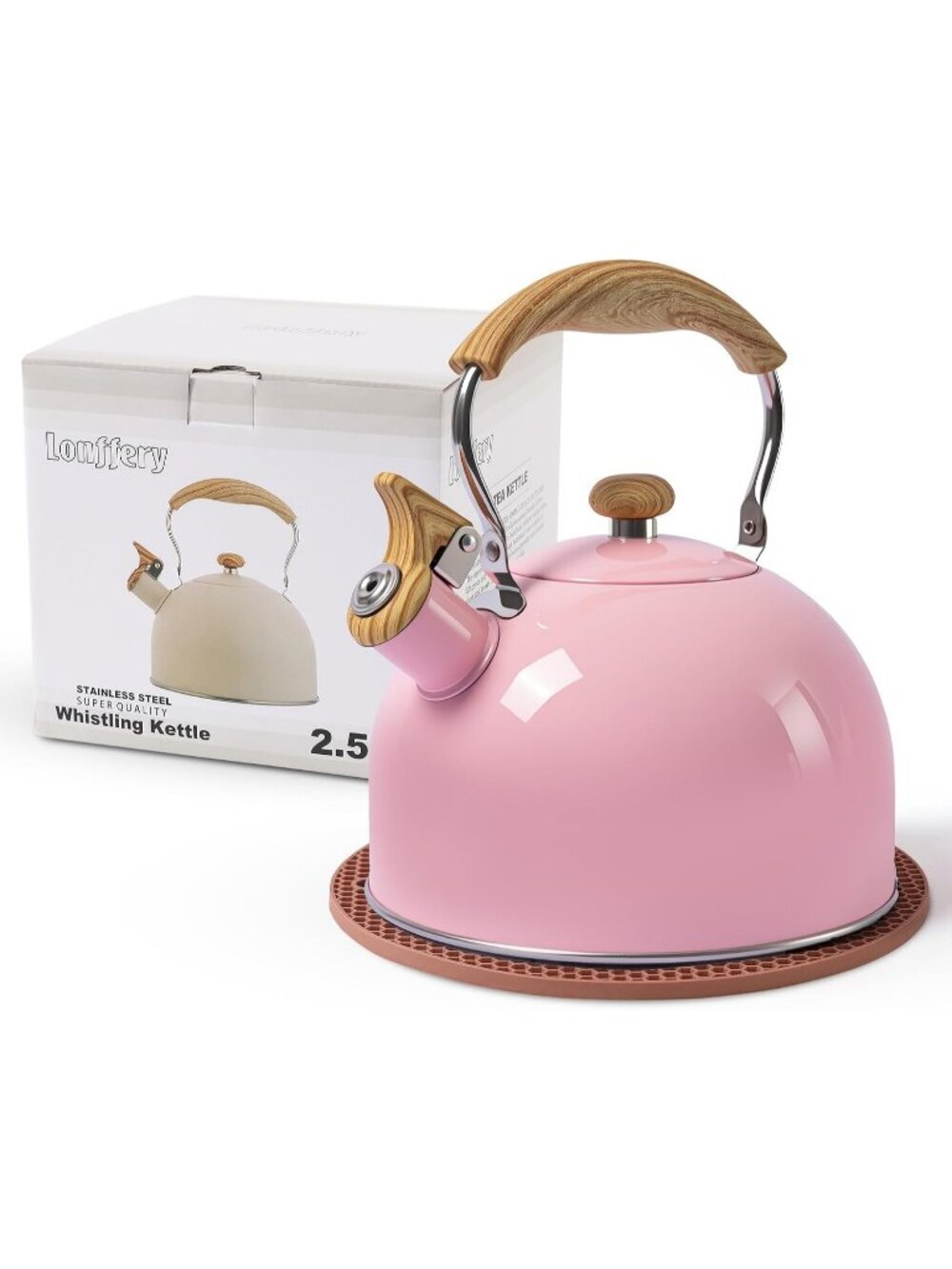 Pink Kitchen Whistling Tea Kettle 2.5 Quart Stainless Steel Wood Folding Handle - Picture 1 of 6